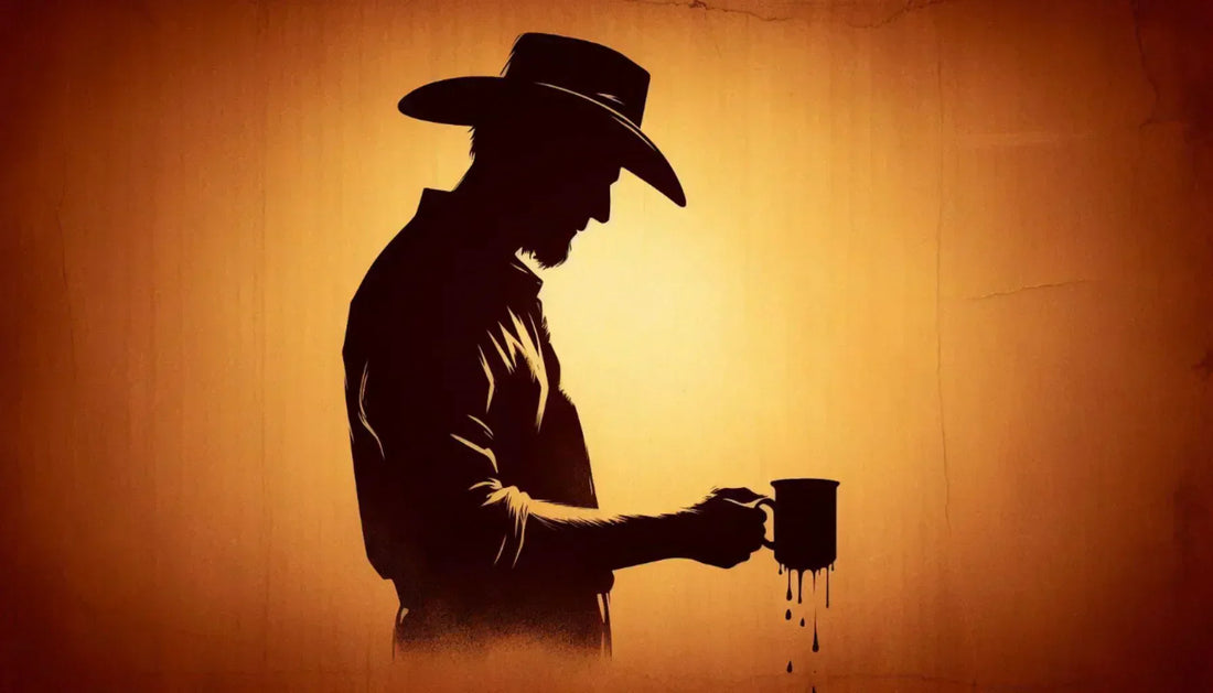 Cowboy holding a mug of acidic coffee