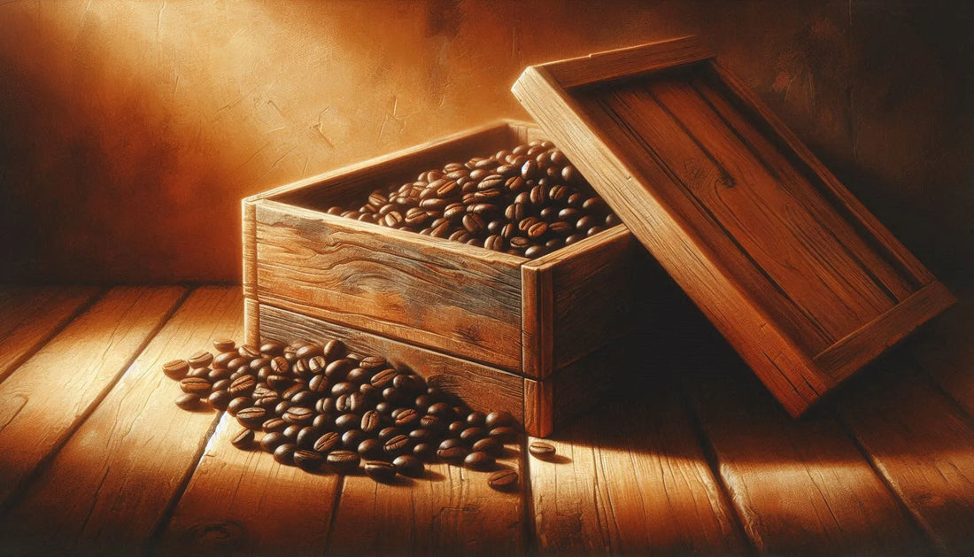 Coffee beans resting in a wooden crate to degas