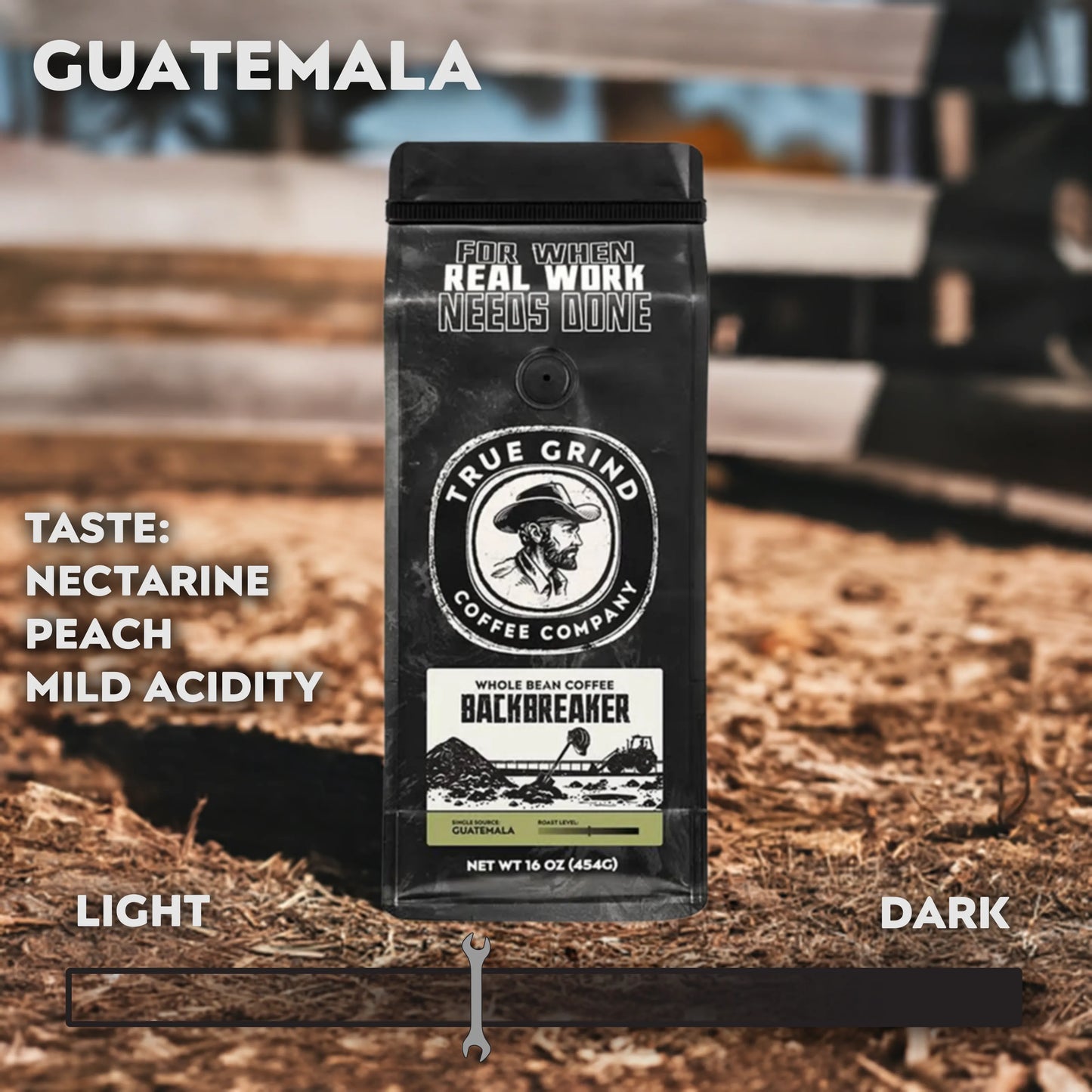 16 oz True Grind Coffee Co. coffee bag featuring a product label for the Backbreaker roast.
