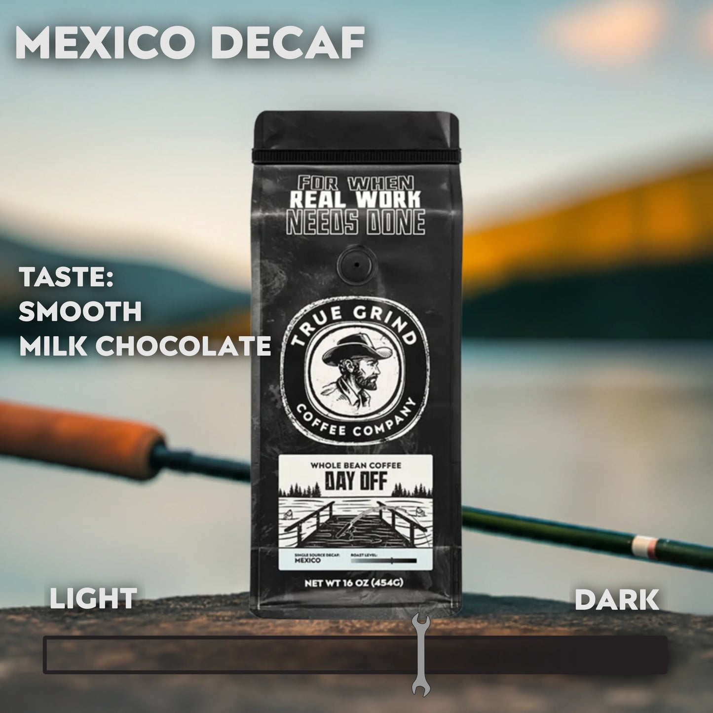 16 oz True Grind Coffee Co. coffee bag featuring a product label for the Day Off Decaf roast.