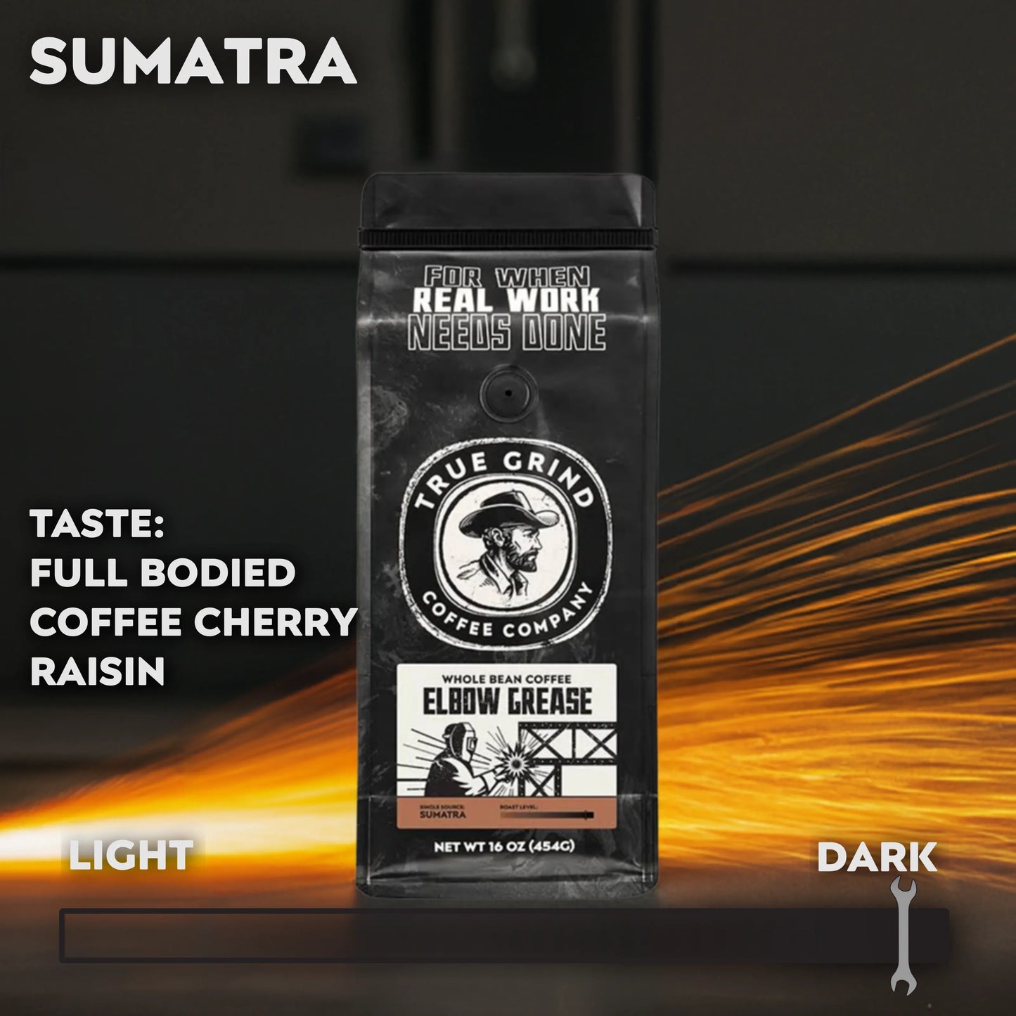 16 oz True Grind Coffee Co. coffee bag featuring a product label for the Elbow Grease roast.