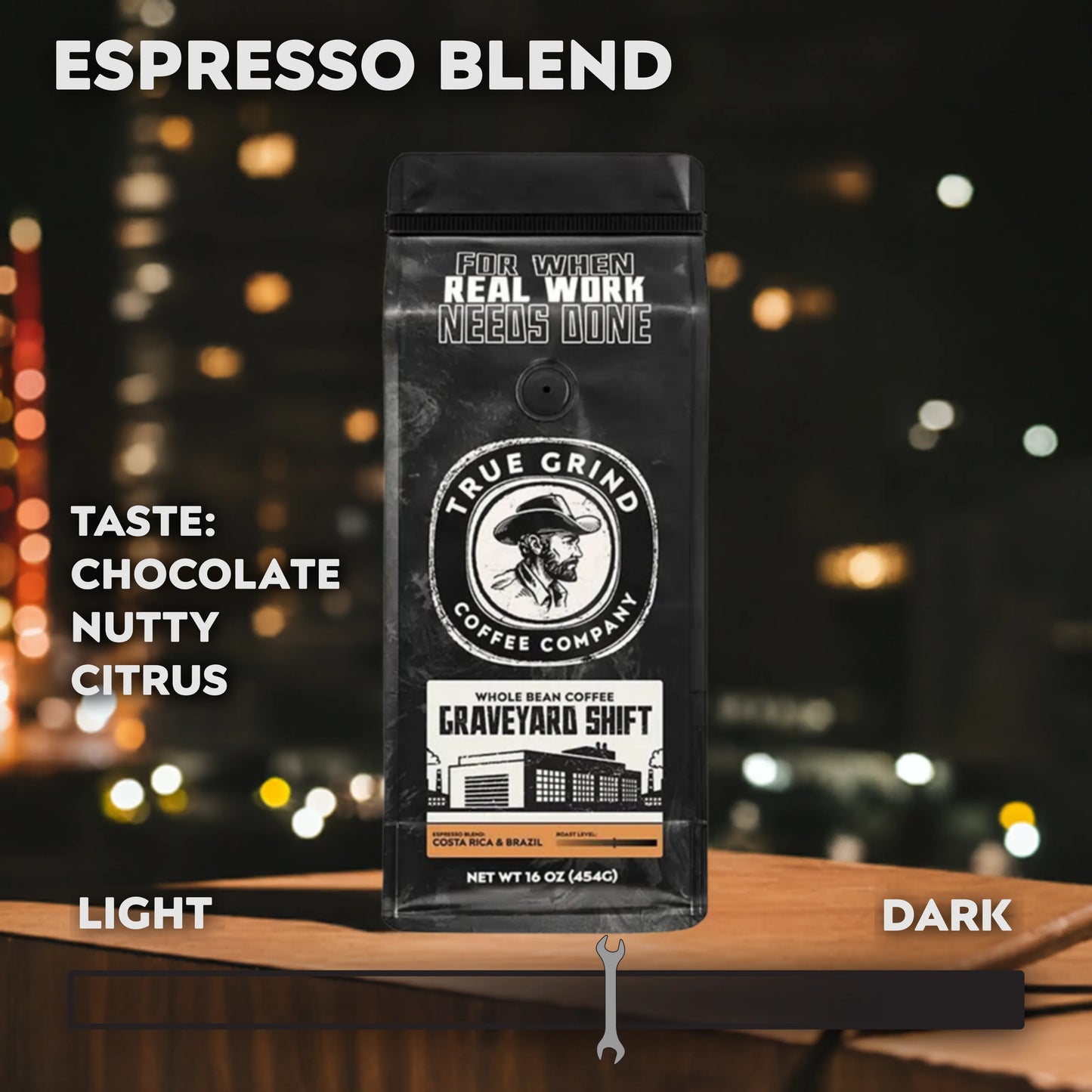 16 oz True Grind Coffee Co. coffee bag featuring a product label for the Graveyard Shift Espresso roast.