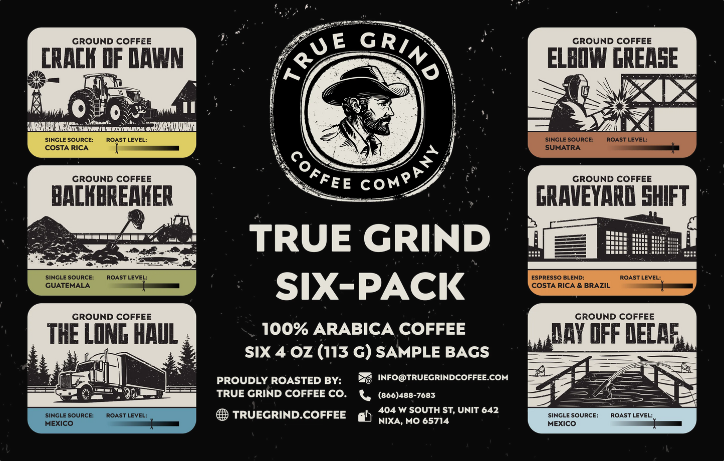 True Grind Six-Pack sampler pack label (ground). Contains six 4-oz sample bags of Crack of Dawn, Backbreaker, The Long Haul, Elbow Grease, Graveyard Shift, and Day Off Decaf roasts.