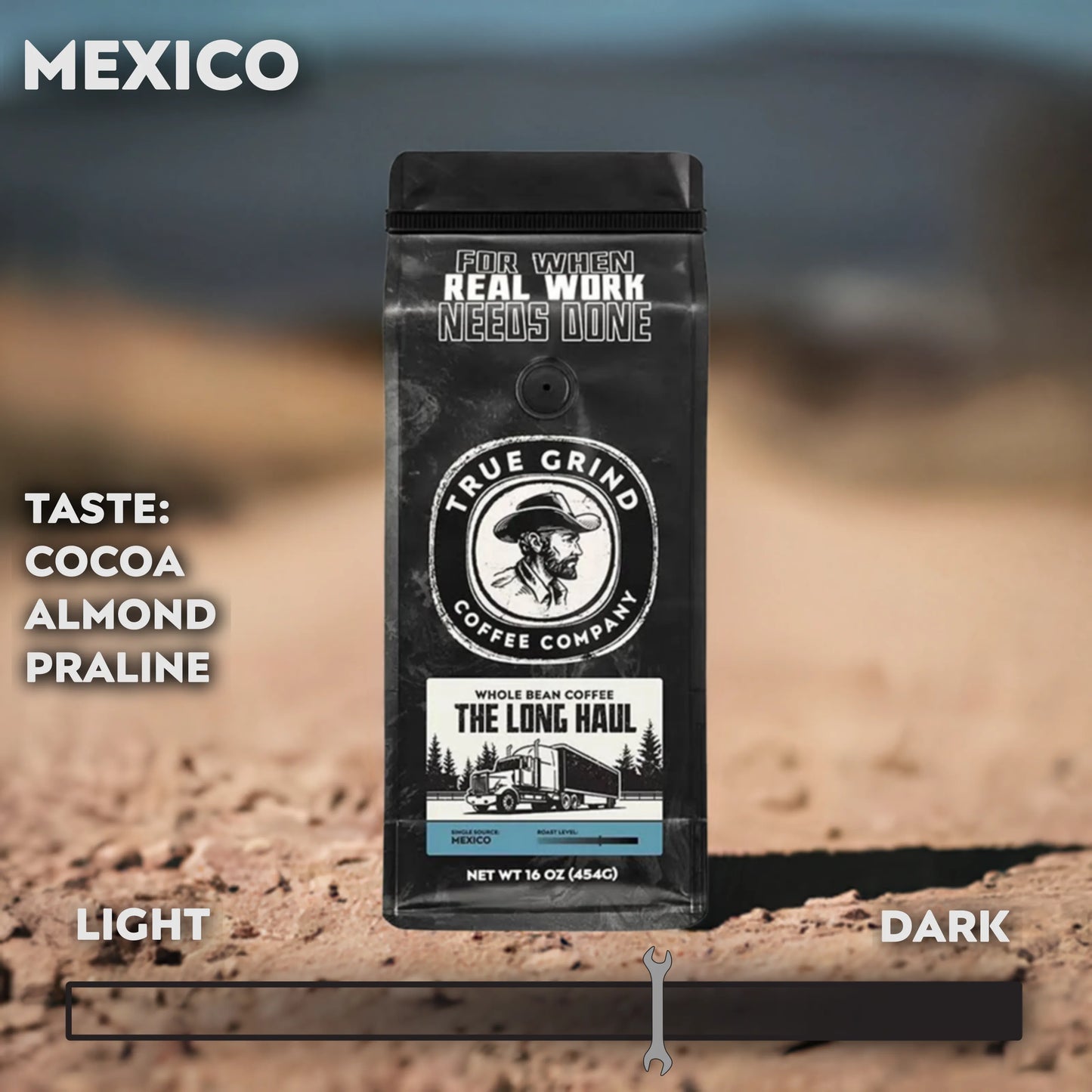 16 oz True Grind Coffee Co. coffee bag featuring a product label for the The Long Haul roast.