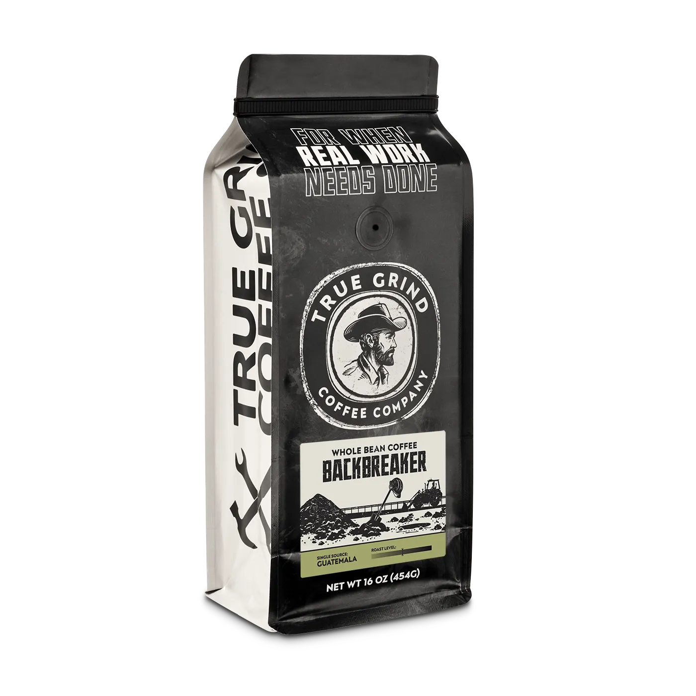 16 oz True Grind Coffee Co. coffee bag featuring a product label for the Backbreaker roast.