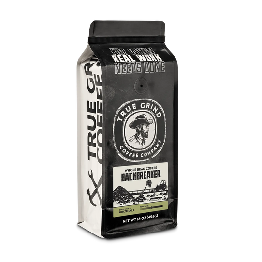 16 oz True Grind Coffee Co. coffee bag featuring a product label for the Backbreaker roast.