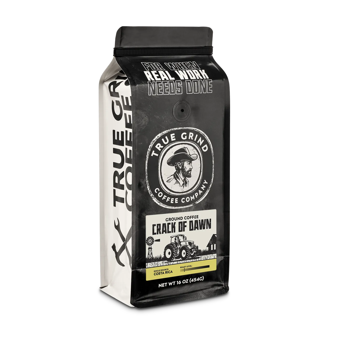16 oz True Grind Coffee Co. coffee bag featuring a product label for the Crack of Dawn roast.