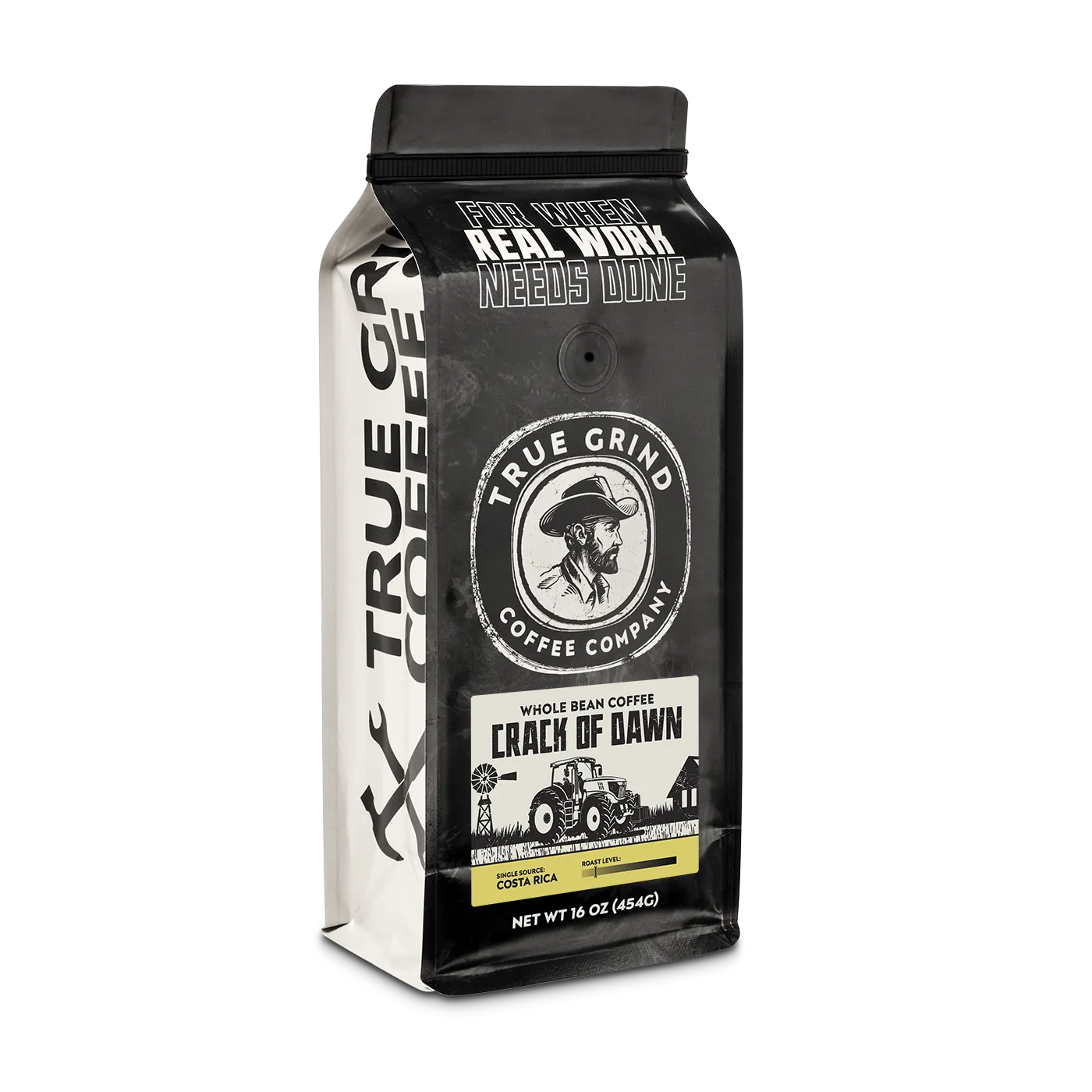 16 oz True Grind Coffee Co. coffee bag featuring a product label for the Crack of Dawn roast.