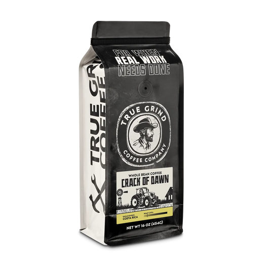 16 oz True Grind Coffee Co. coffee bag featuring a product label for the Crack of Dawn roast.