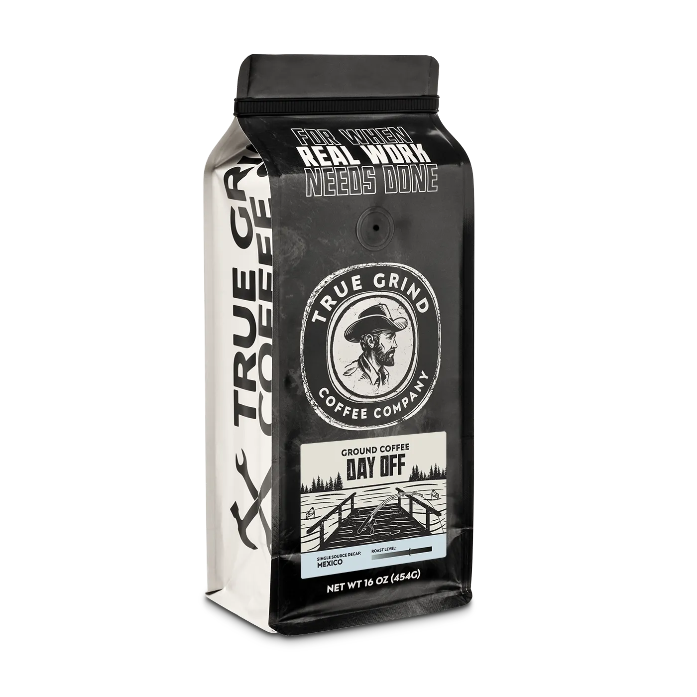 16 oz True Grind Coffee Co. coffee bag featuring a product label for the Day Off Decaf roast.