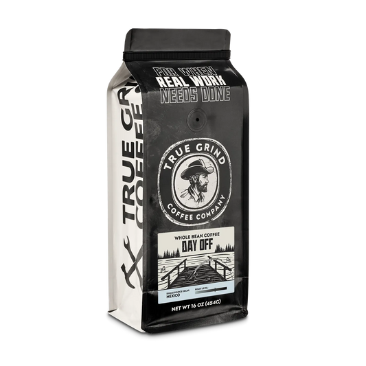 16 oz True Grind Coffee Co. coffee bag featuring a product label for the Day Off Decaf roast.