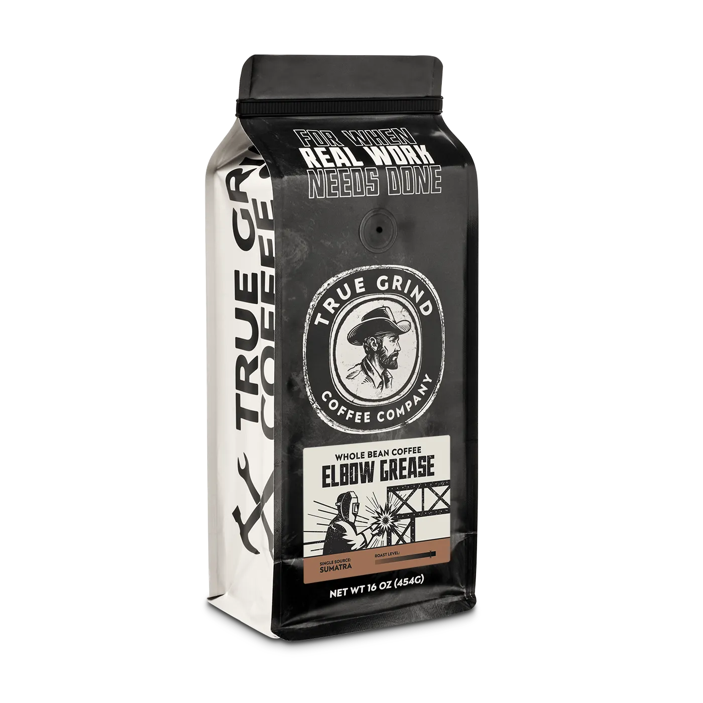 16 oz True Grind Coffee Co. coffee bag featuring a product label for the Elbow Grease roast.