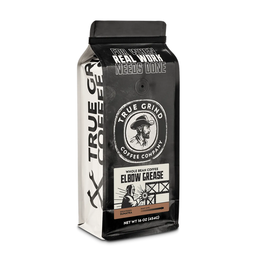 16 oz True Grind Coffee Co. coffee bag featuring a product label for the Elbow Grease roast.