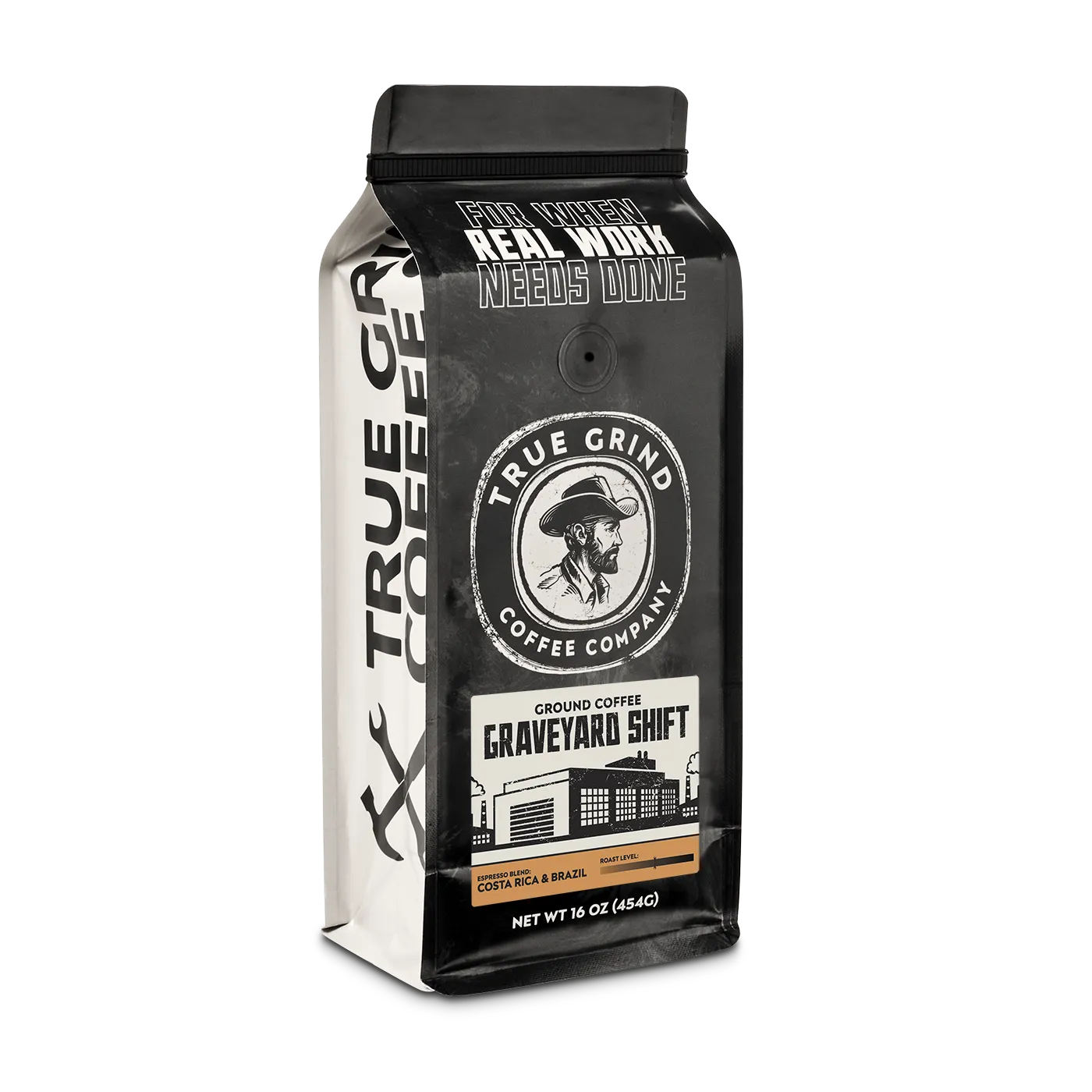 16 oz True Grind Coffee Co. coffee bag featuring a product label for the Graveyard Shift Espresso roast.