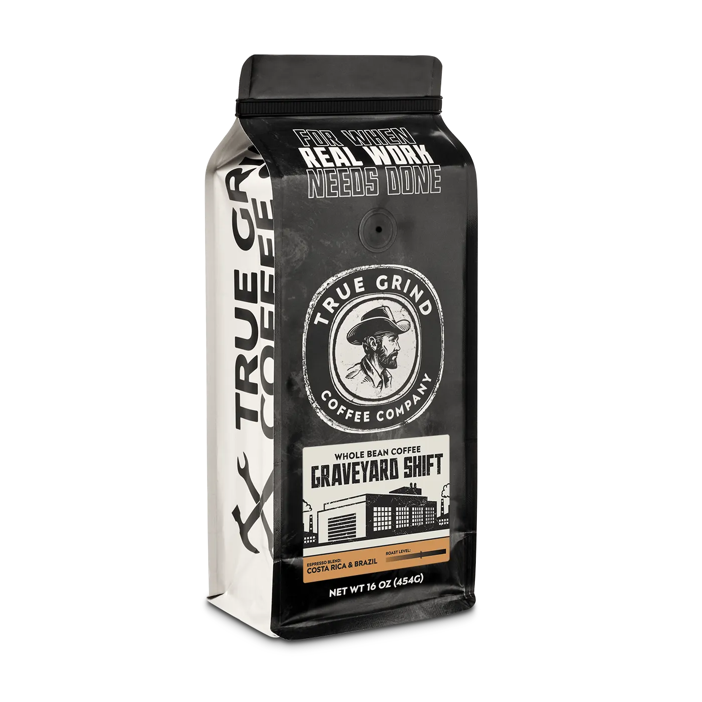 16 oz True Grind Coffee Co. coffee bag featuring a product label for the Graveyard Shift Espresso roast.