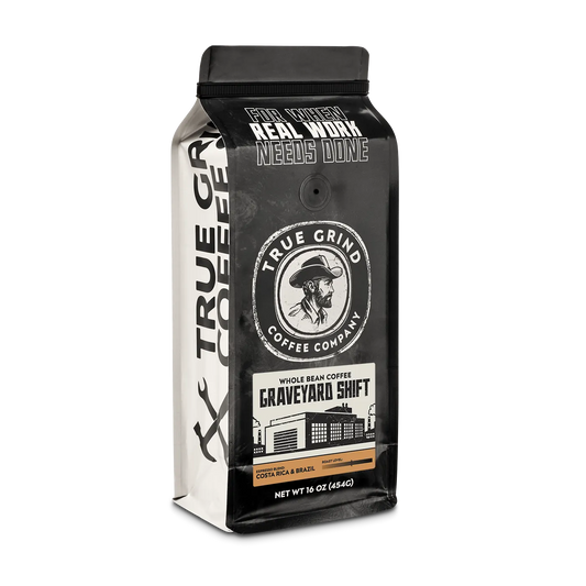 16 oz True Grind Coffee Co. coffee bag featuring a product label for the Graveyard Shift Espresso roast.