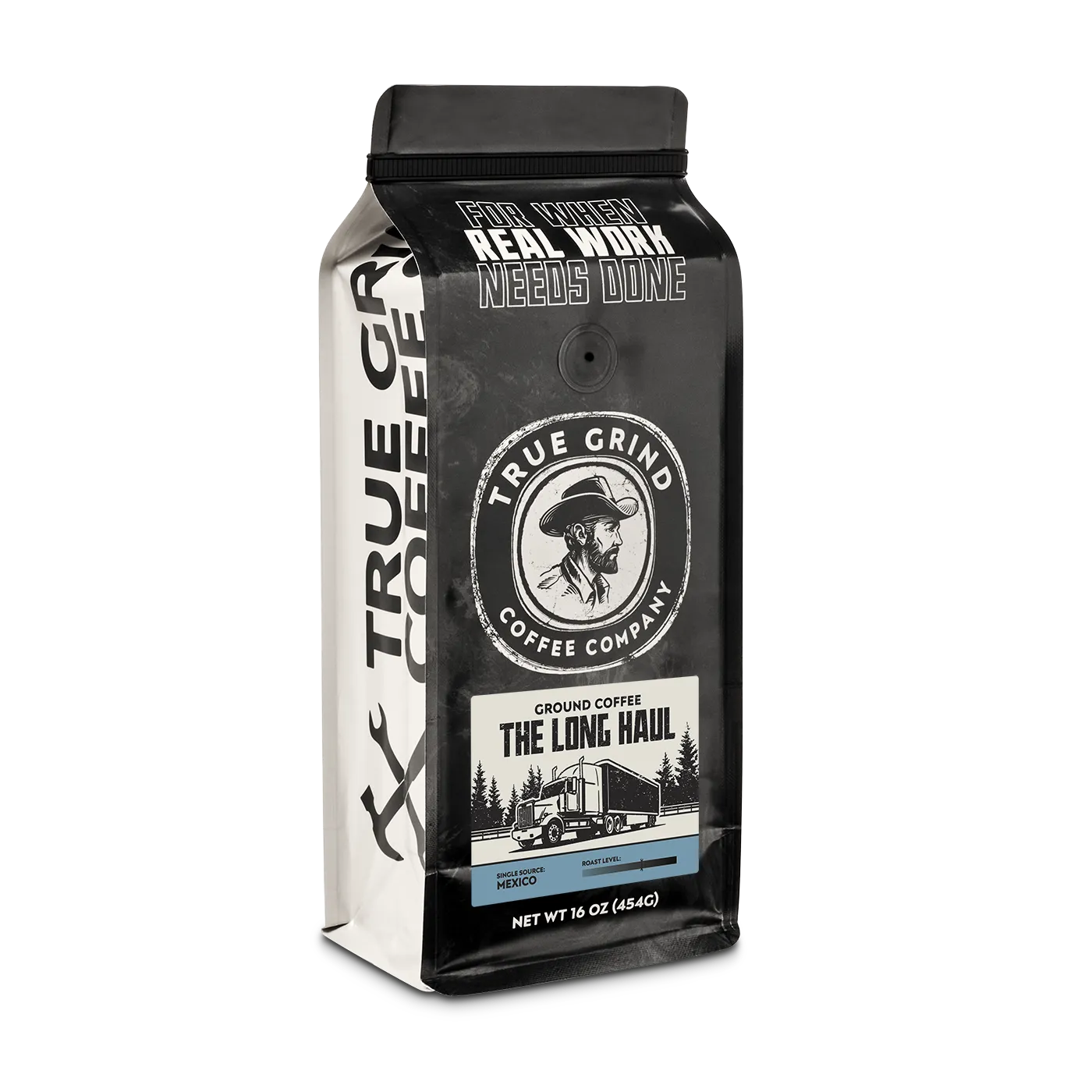 16 oz True Grind Coffee Co. coffee bag featuring a product label for the The Long Haul roast.