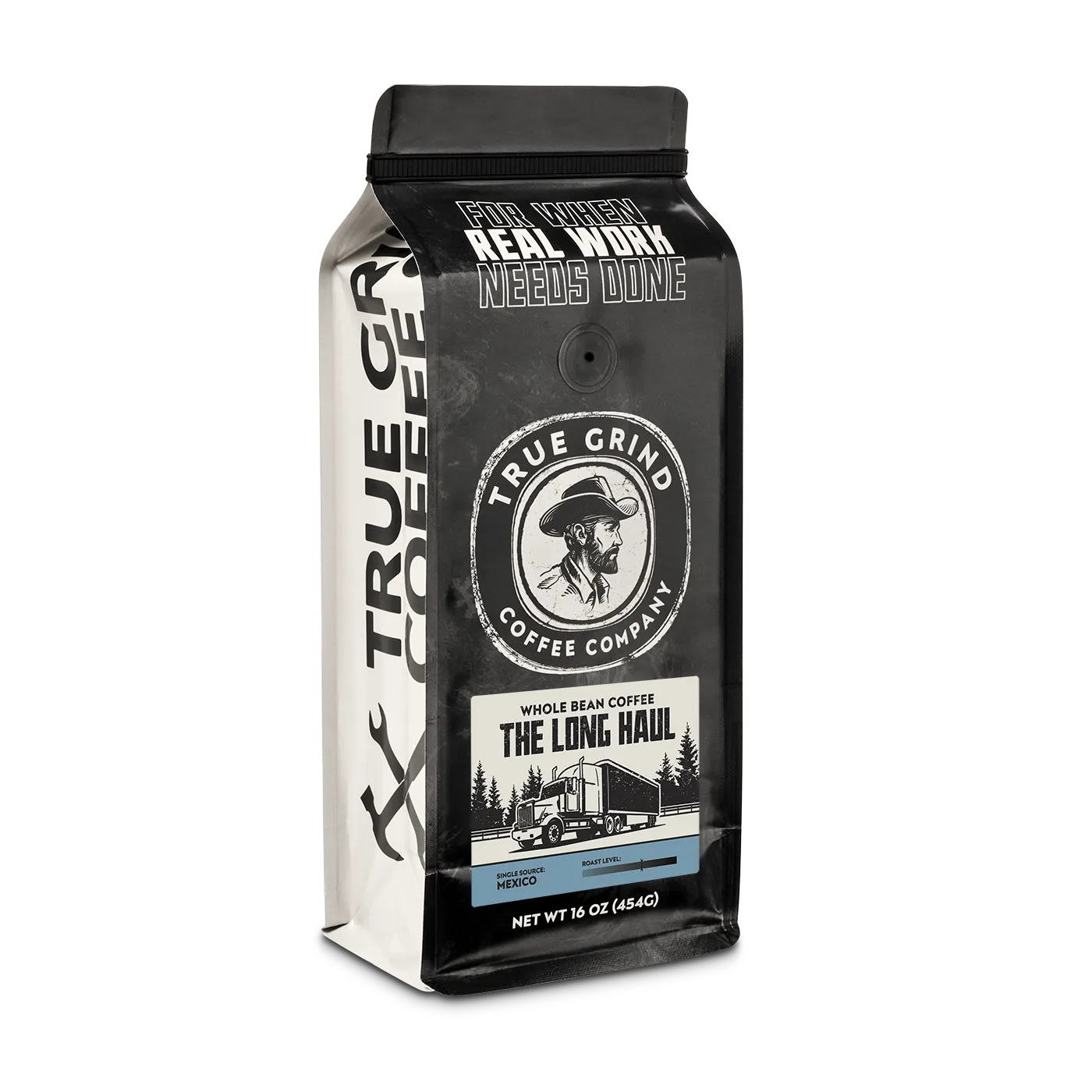 16 oz True Grind Coffee Co. coffee bag featuring a product label for the The Long Haul roast.