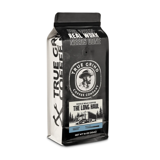 16 oz True Grind Coffee Co. coffee bag featuring a product label for the The Long Haul roast.
