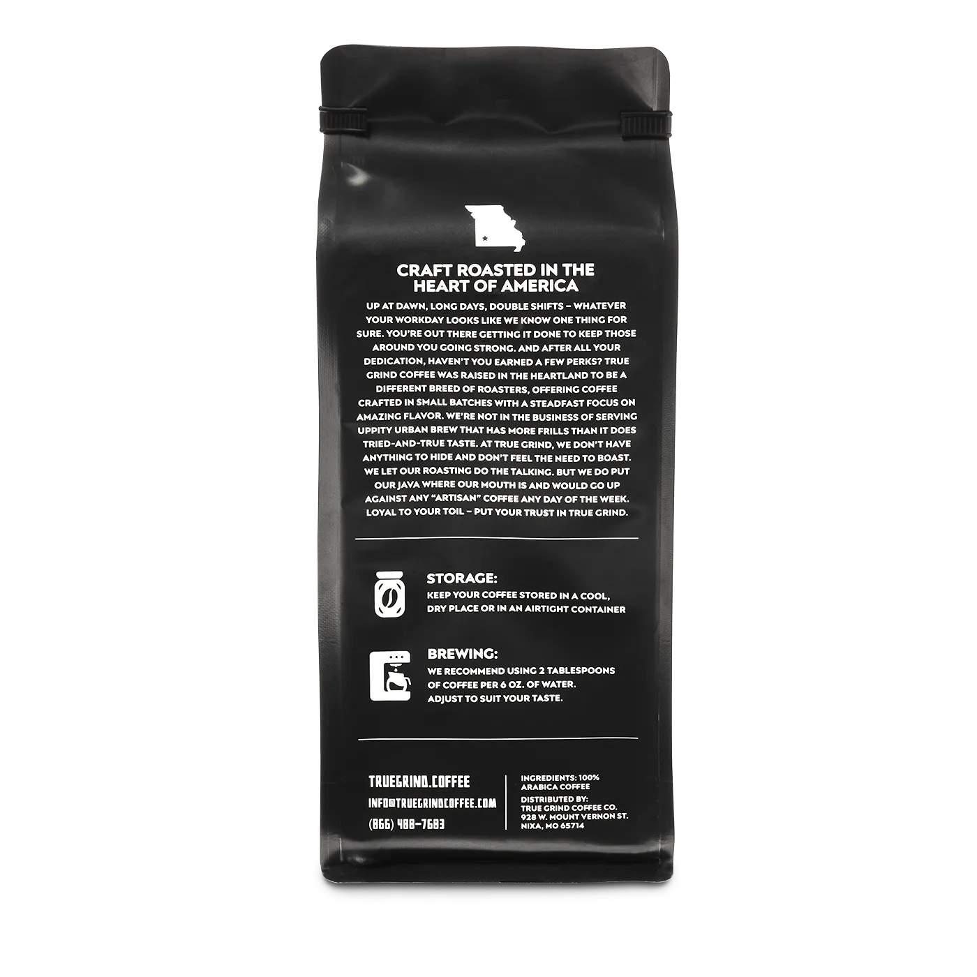 Backside view of 16 oz True Grind Coffee Co. coffee bag. See product label information page for full bag text.