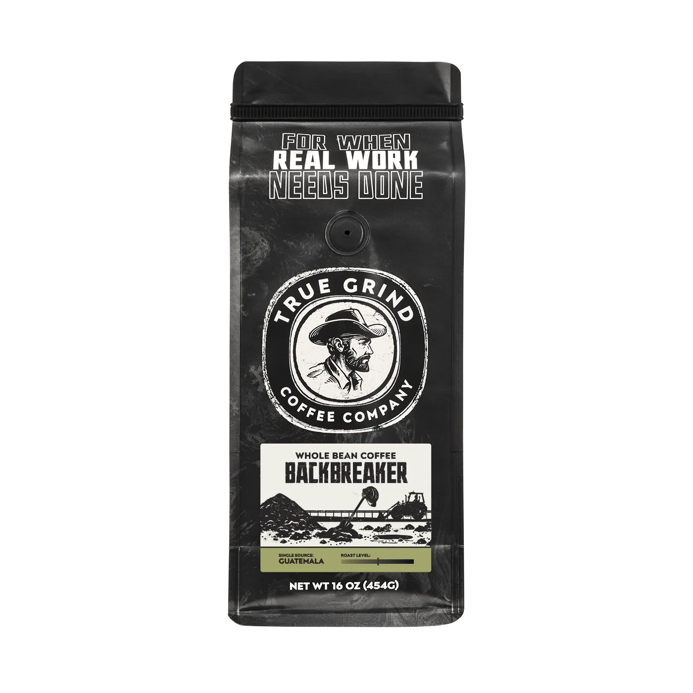 16 oz True Grind Coffee Co. coffee bag featuring a product label for the Backbreaker roast.