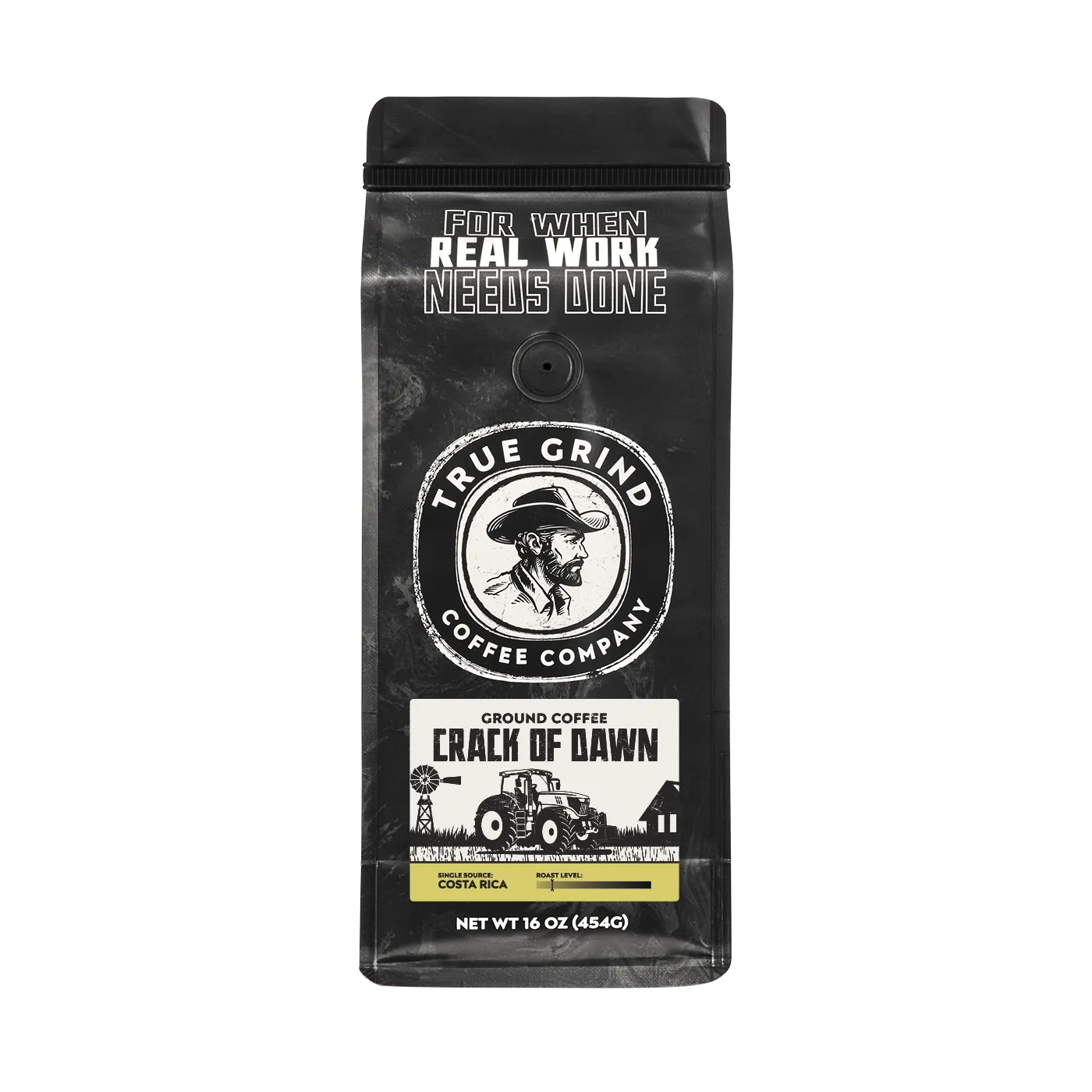 16 oz True Grind Coffee Co. coffee bag featuring a product label for the Crack of Dawn roast.