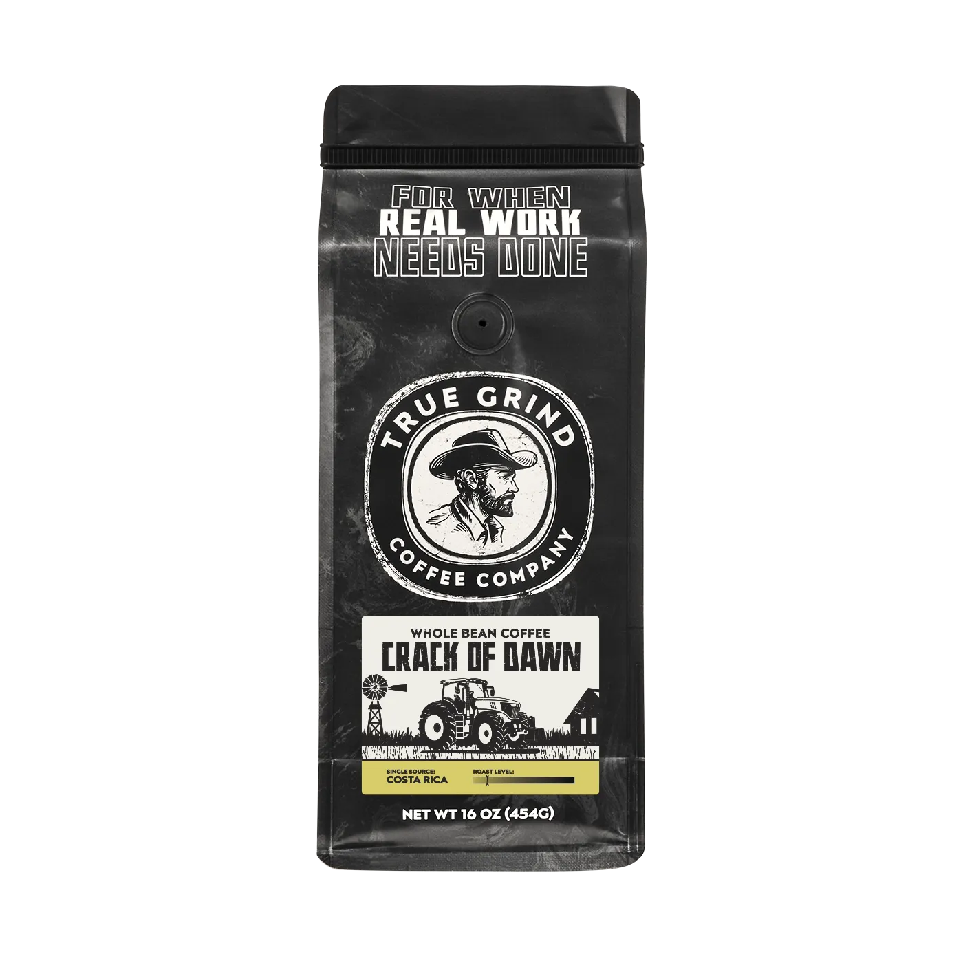 16 oz True Grind Coffee Co. coffee bag featuring a product label for the Crack of Dawn roast.