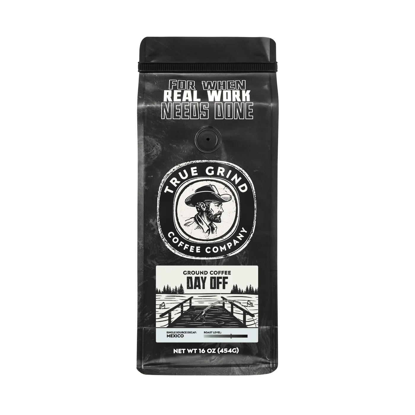 16 oz True Grind Coffee Co. coffee bag featuring a product label for the Day Off Decaf roast.