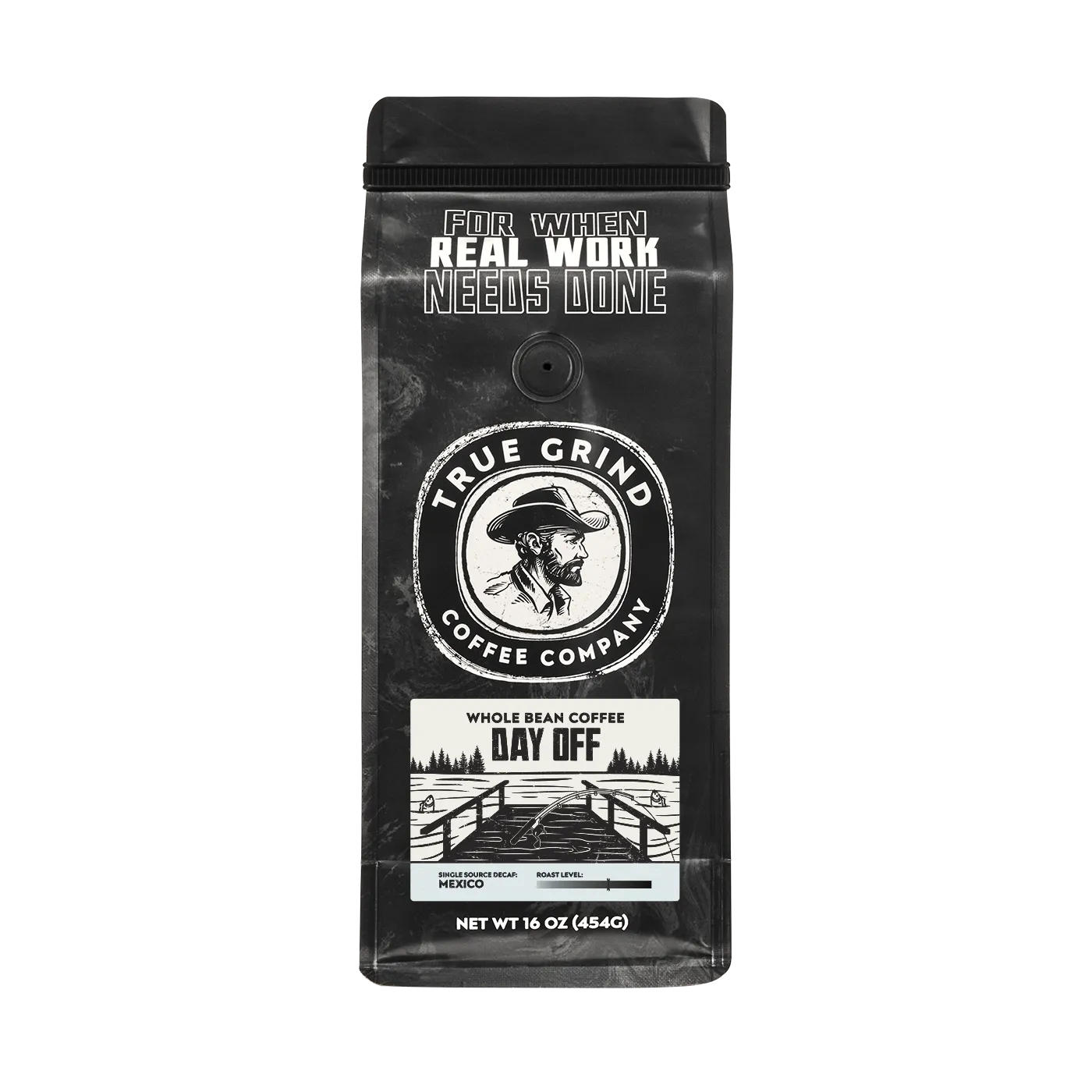 16 oz True Grind Coffee Co. coffee bag featuring a product label for the Day Off Decaf roast.