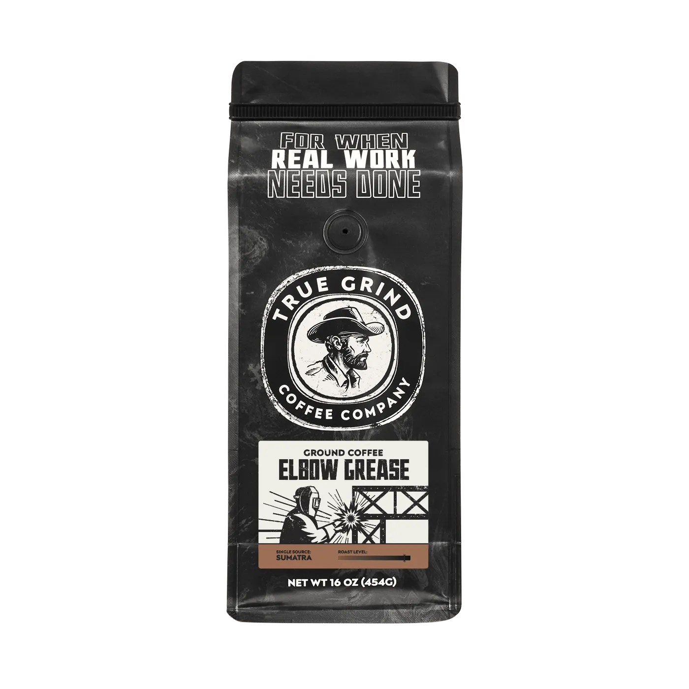 16 oz True Grind Coffee Co. coffee bag featuring a product label for the Elbow Grease roast.