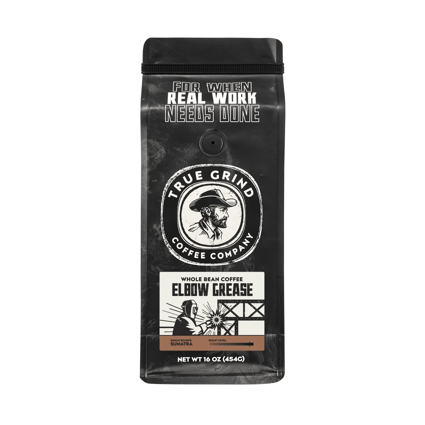 16 oz True Grind Coffee Co. coffee bag featuring a product label for the Elbow Grease roast.