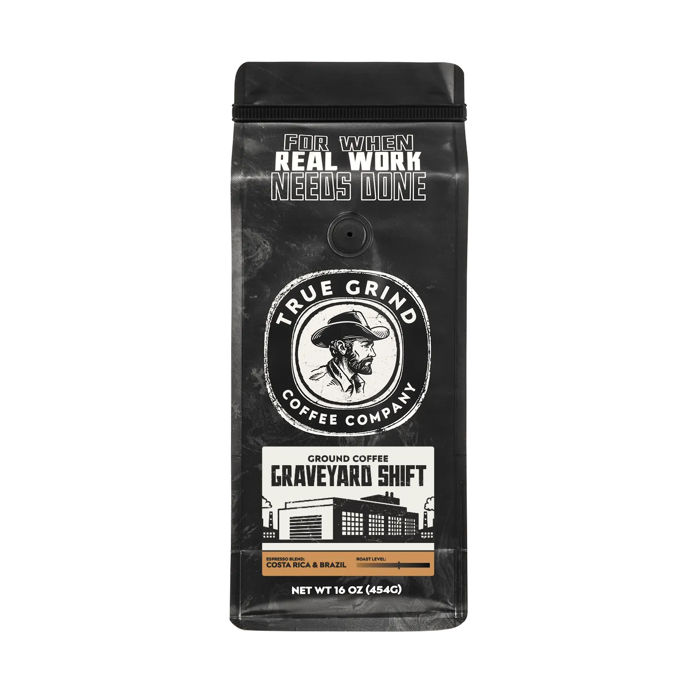 16 oz True Grind Coffee Co. coffee bag featuring a product label for the Graveyard Shift Espresso roast.