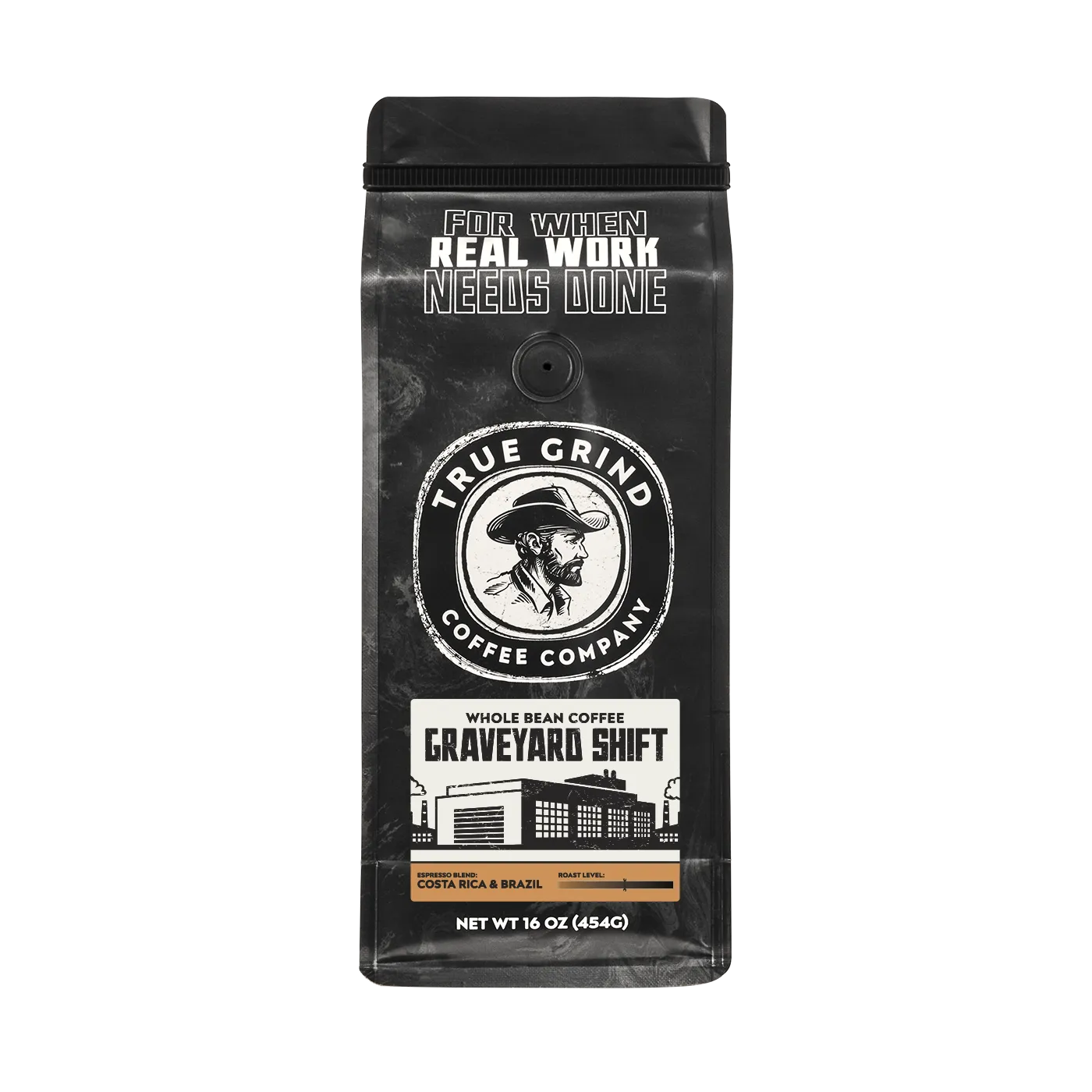 16 oz True Grind Coffee Co. coffee bag featuring a product label for the Graveyard Shift Espresso roast.