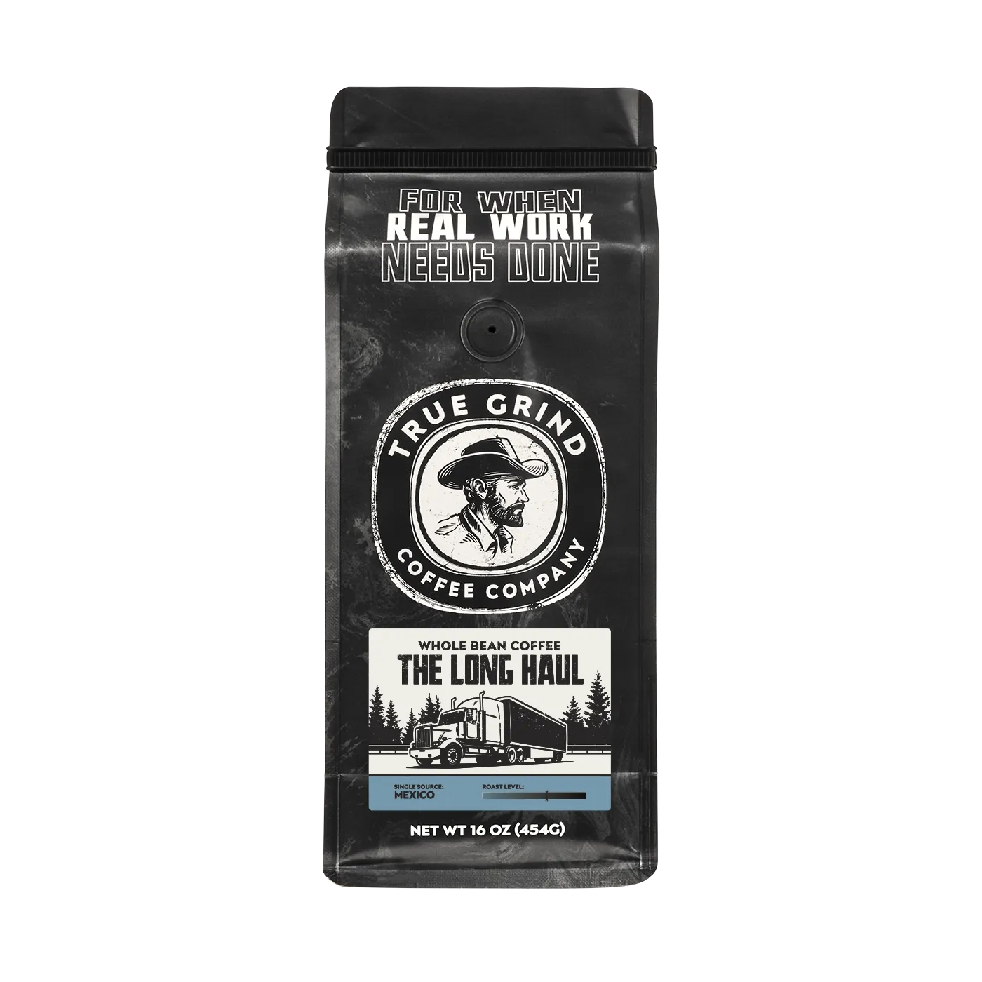16 oz True Grind Coffee Co. coffee bag featuring a product label for the The Long Haul roast.