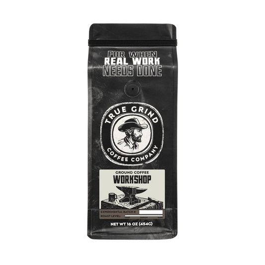 16 oz True Grind Coffee Co. coffee bag featuring a product label for the Workshop roast.