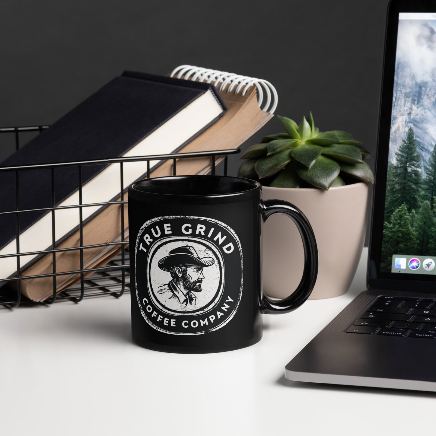 Black Glossy Mug featuring True Grind Coffee Co logo