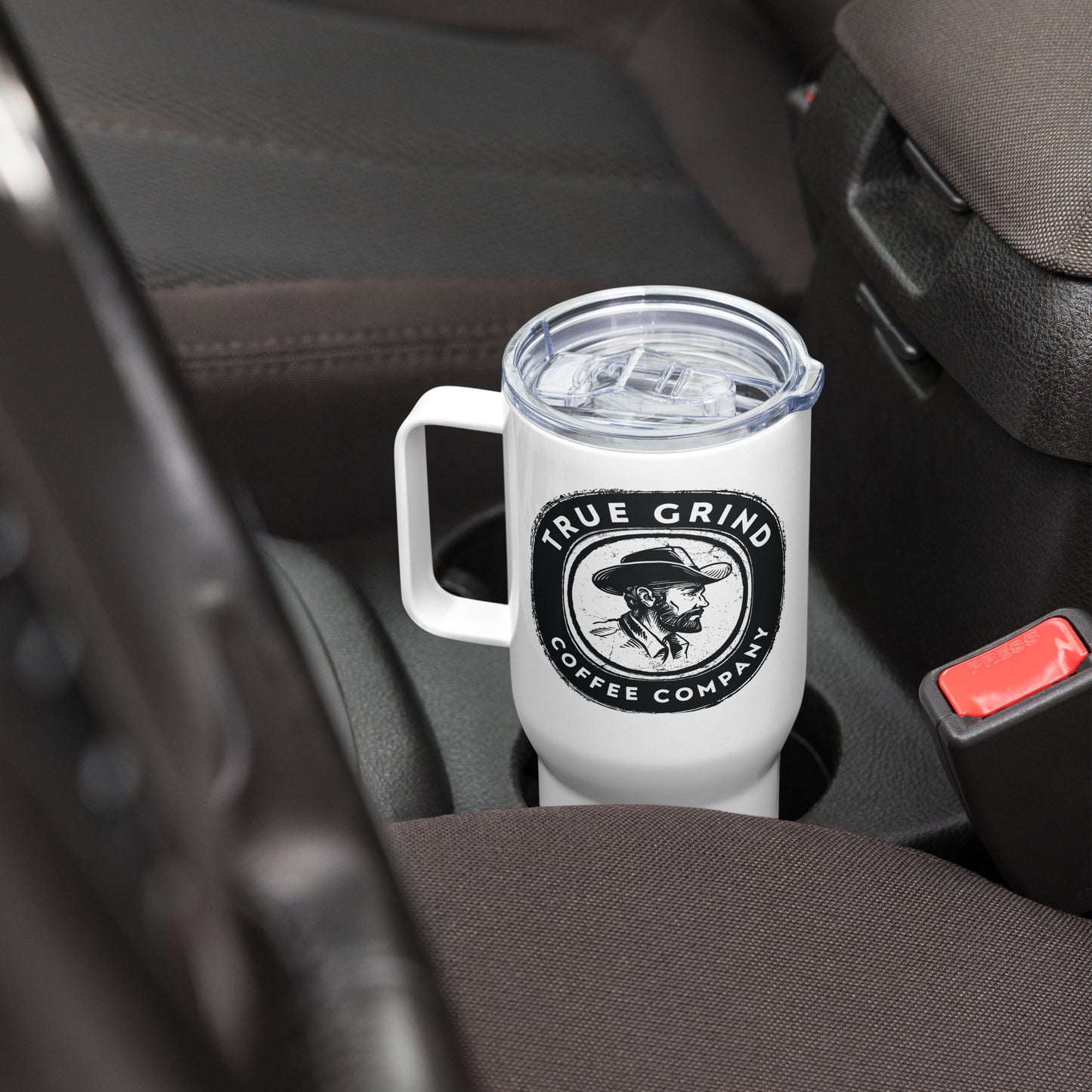 Travel mug with a handle featuring True Grind Coffee Co logo
