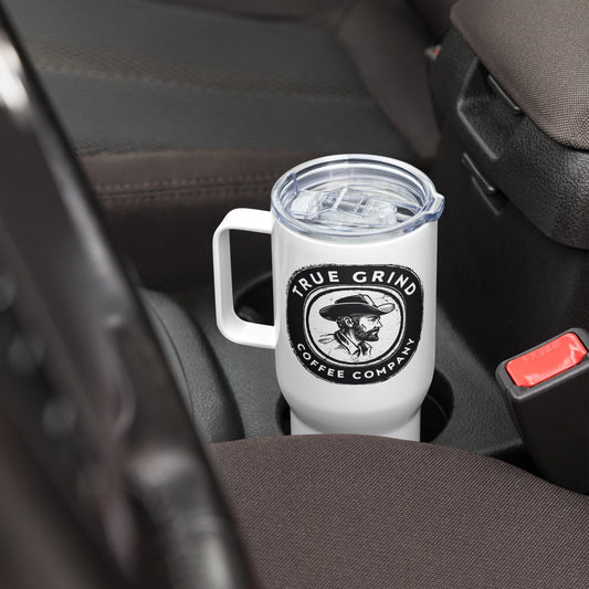 Travel mug with a handle featuring True Grind Coffee Co logo
