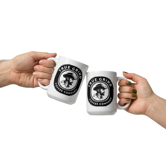 White glossy mug featuring True Grind Coffee Co logo