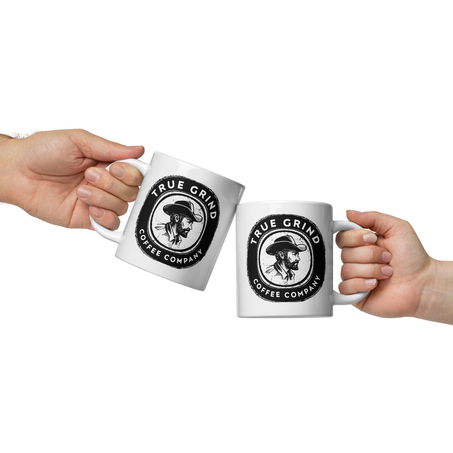 White glossy mug featuring True Grind Coffee Co logo