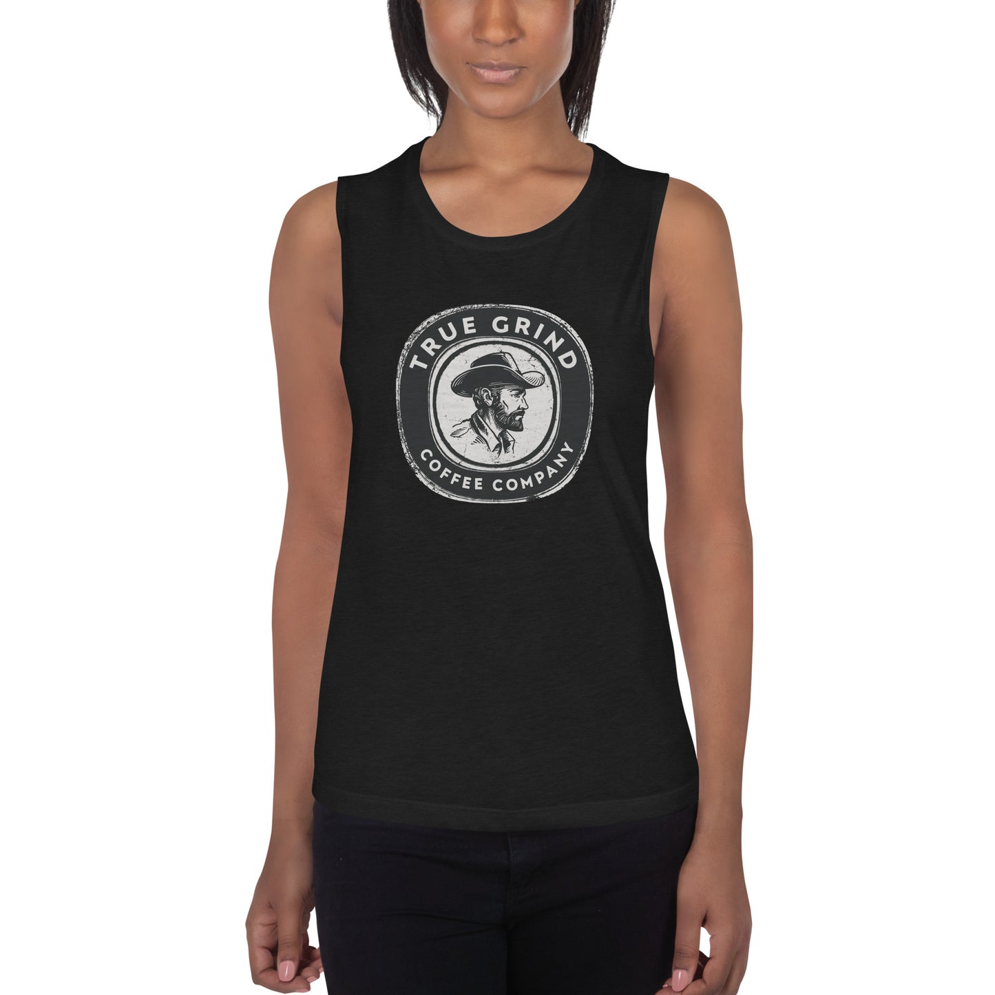 Ladies’ Muscle Tank featuring True Grind Coffee Co logo