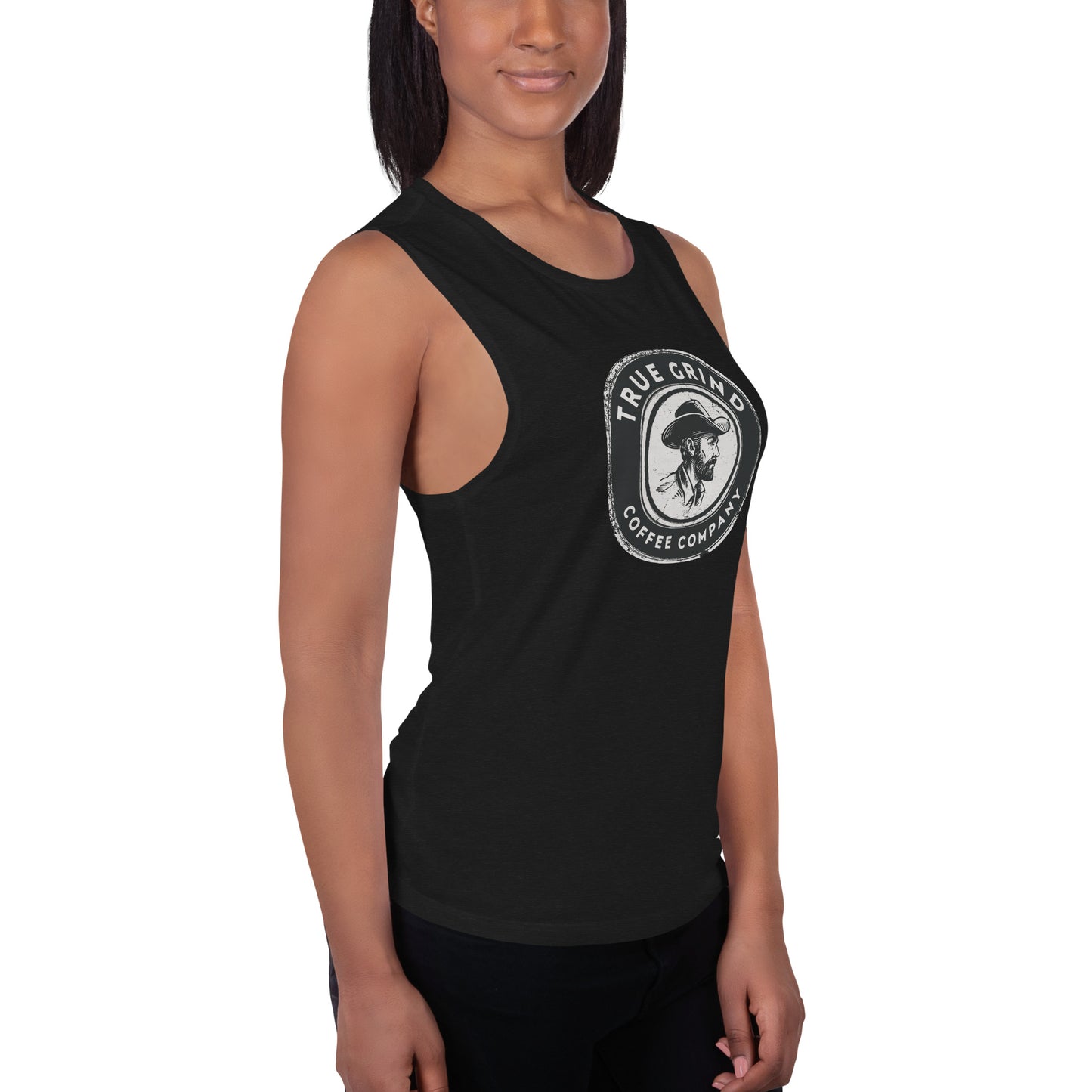 Ladies’ Muscle Tank featuring True Grind Coffee Co logo