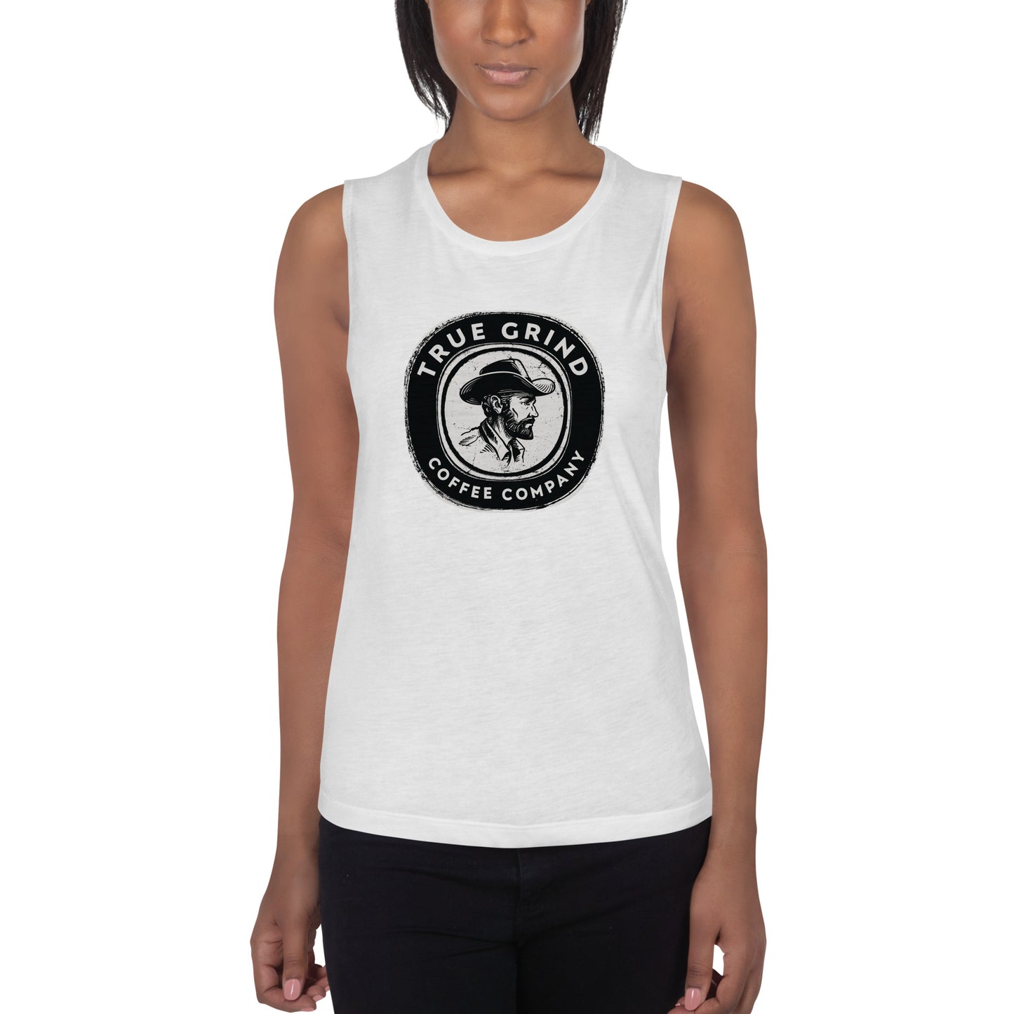 Ladies’ Muscle Tank featuring True Grind Coffee Co logo