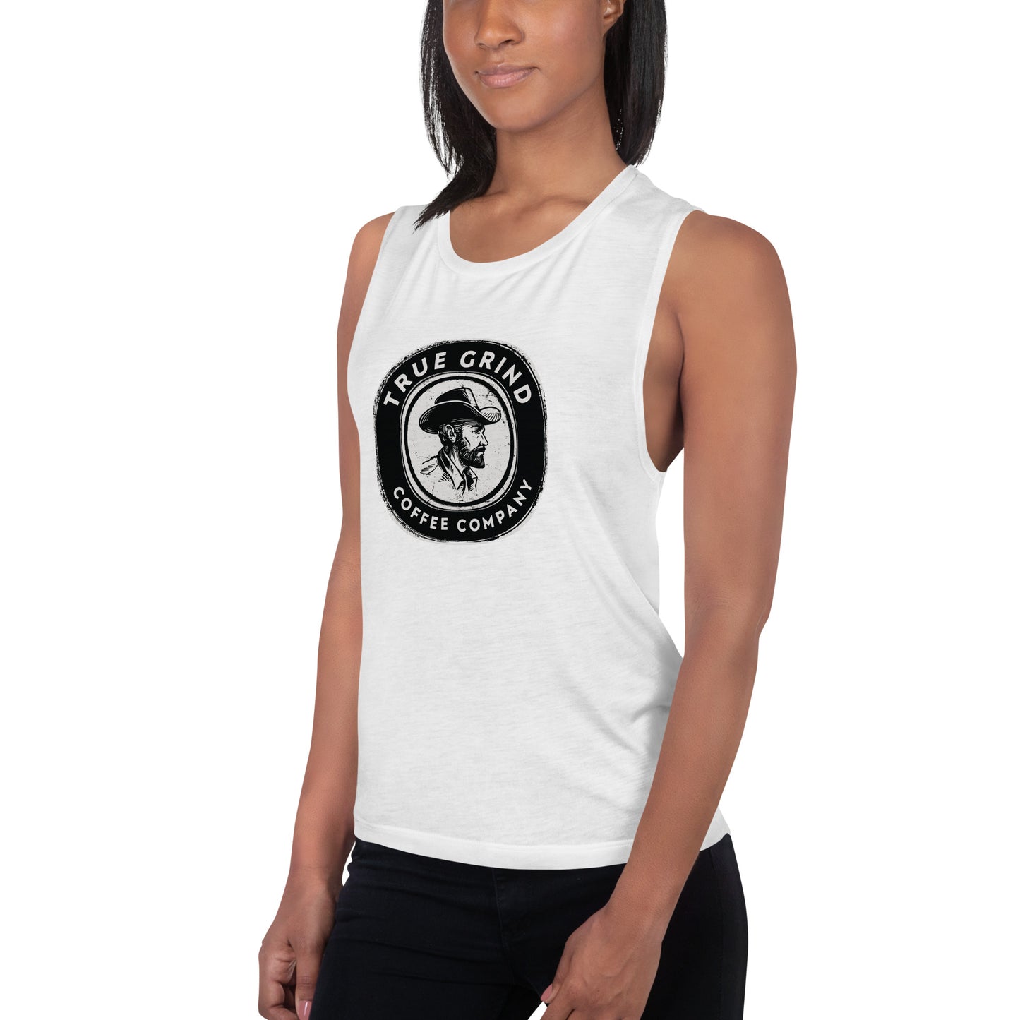 Ladies’ Muscle Tank featuring True Grind Coffee Co logo