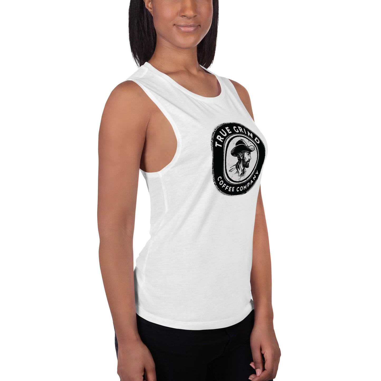Ladies’ Muscle Tank featuring True Grind Coffee Co logo