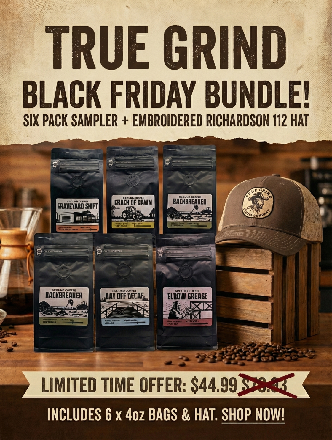 Coffee Sampler Pack & Trucker Hat Bundle