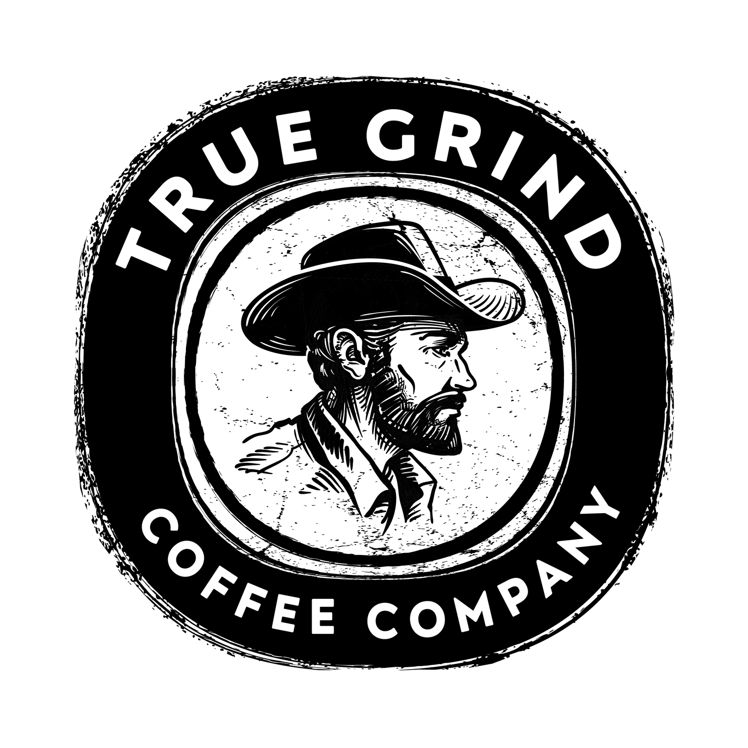 True Grind Coffee Co logo featuring a side profile of a cowboy