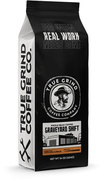 Front angled view of Graveyard Shift whole bean coffee bag in 16 oz. (454 g) size.