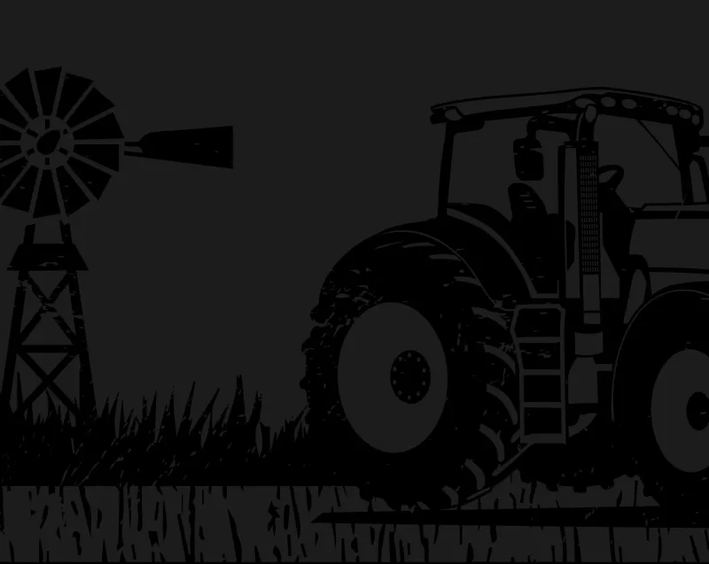 Logo for Crack of Dawn Coffee depicting a tractor in a farm field with a windmill in the background.