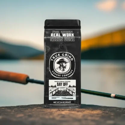 Bag of Day Off coffee featured in a pond fishing scene.